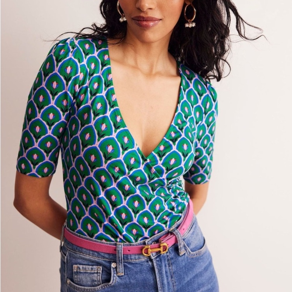 Boden Green & Pink Patterned V-Neck Blouse